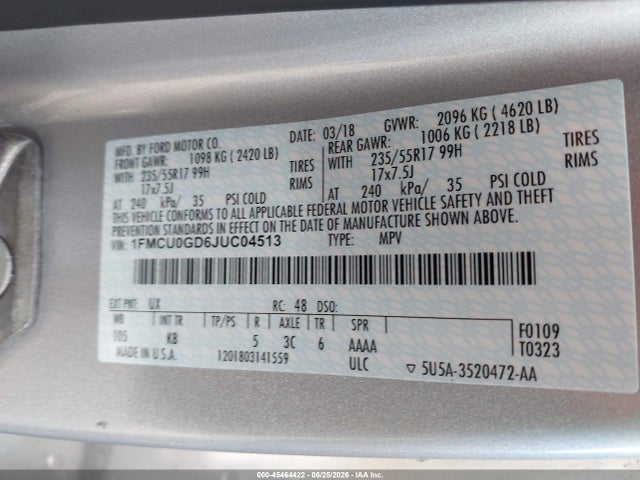 Продаж на аукціоні авто 2018 Ford Escape Se, vin: 1FMCU0GD6JUC04513, номер лоту: 45464422