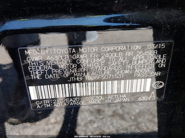 Aukcja sprzedaży 2015 Lexus Is 250, vin: JTHBF1D26F5071531, numer aukcji: 45464425