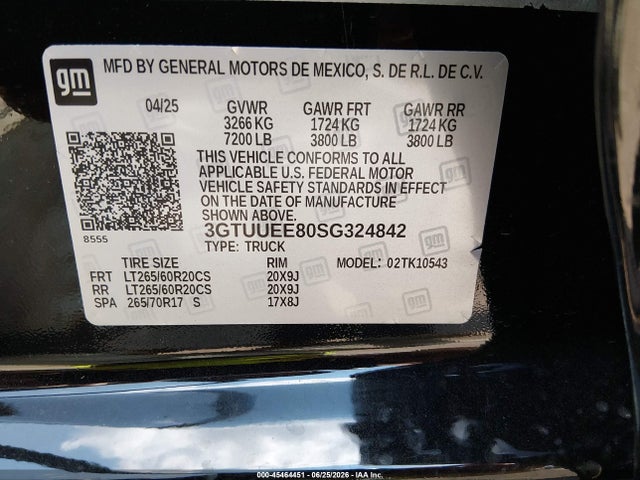 45464451 :رقم المزاد ، 3GTUUEE80SG324842 vin ، 2025 Gmc Sierra 1500 4wd  Short Box At4 مزاد بيع
