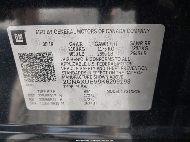 Aukcja sprzedaży 2019 Chevrolet Equinox Lt, vin: 2GNAXUEV9K6299193, numer aukcji: 45464472