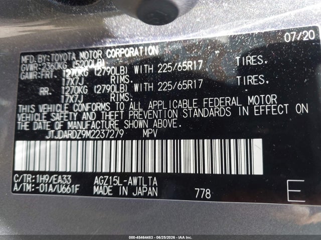 Aukcja sprzedaży 2021 Lexus Nx 300, vin: JTJDARDZ9M2237279, numer aukcji: 45464483
