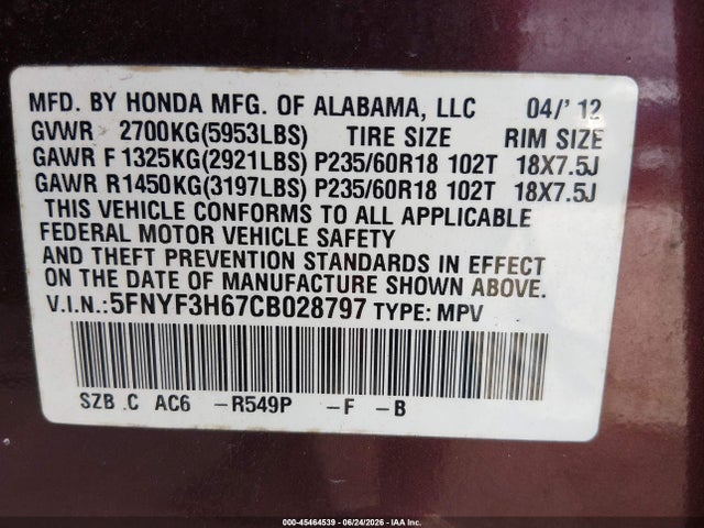 Aukcja sprzedaży 2012 Honda Pilot Ex-l, vin: 5FNYF3H67CB028797, numer aukcji: 45464539