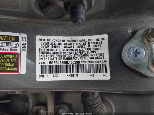 Продаж на аукціоні авто 2006 Honda Civic Ex, vin: 1HGFA16806L105298, номер лоту: 45464592