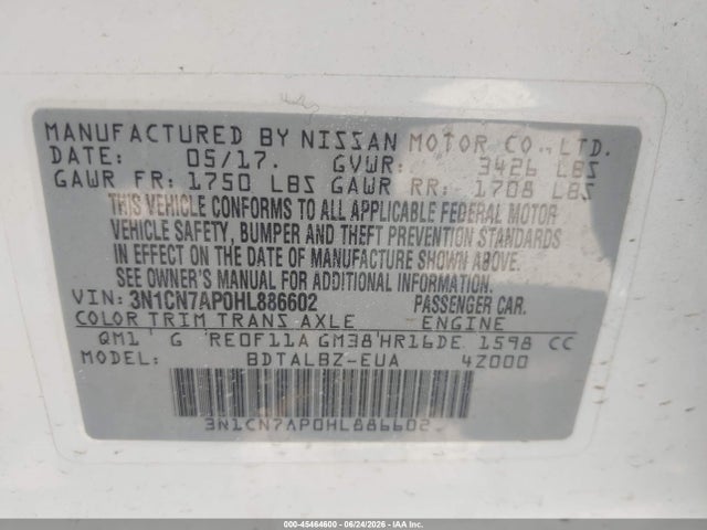 2017 Nissan Versa 1.6 Sv მანქანა იყიდება აუქციონზე, vin: 3N1CN7AP0HL886602, აუქციონის ნომერი: 45464600