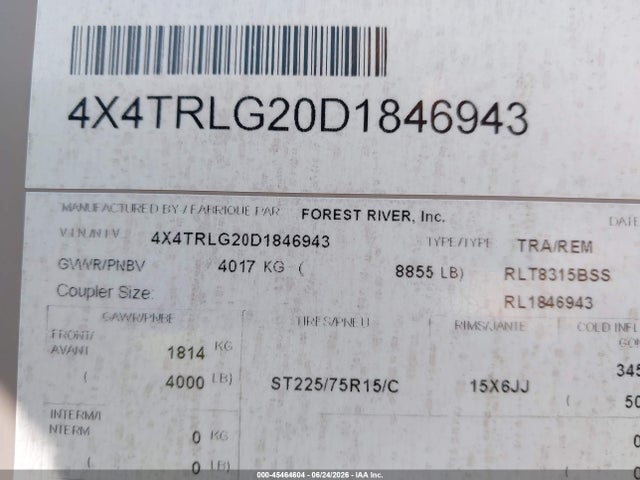 2013 Forest River Other მანქანა იყიდება აუქციონზე, vin: 4X4TRLG20D1846943, აუქციონის ნომერი: 45464604
