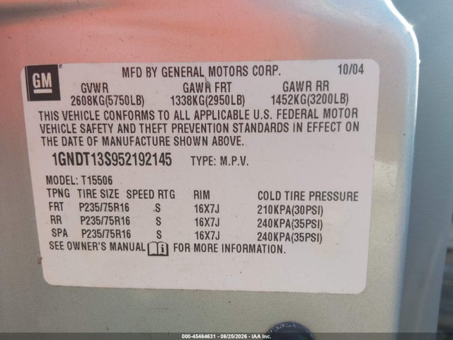 Auction sale of the 2005 Chevrolet Trailblazer Ls, vin: 1GNDT13S952192145, lot number: 45464631