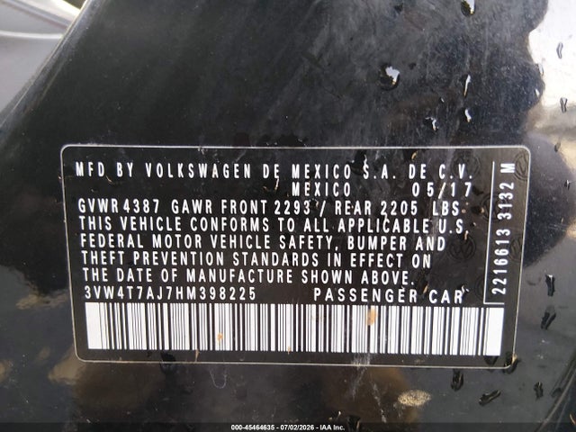45464635 :رقم المزاد ، 3VW4T7AJ7HM398225 vin ، 2017 Volkswagen Jetta Gli مزاد بيع