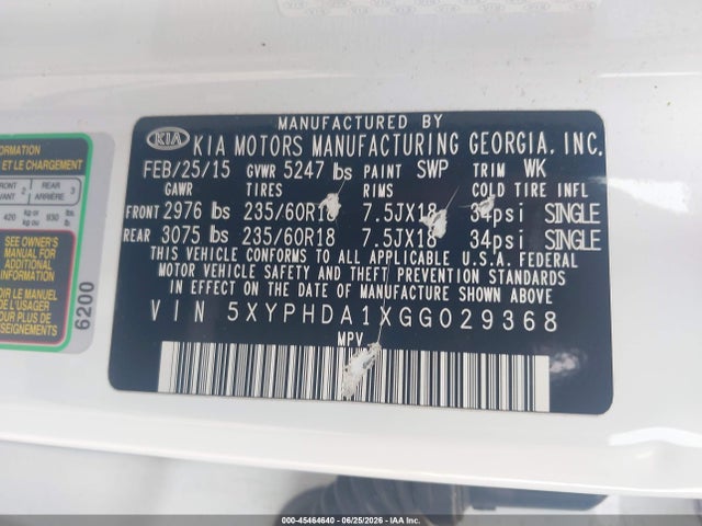 5XYPHDA1XGG029368 KIA Sorento 2.0t Ex