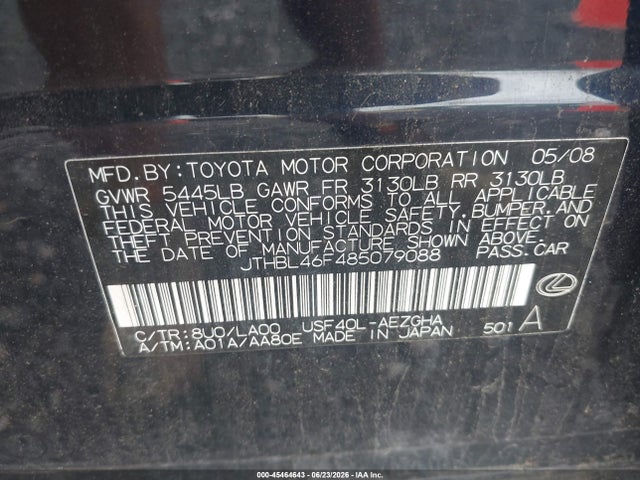 Aukcja sprzedaży 2008 Lexus Ls 460, vin: JTHBL46F485079088, numer aukcji: 45464643