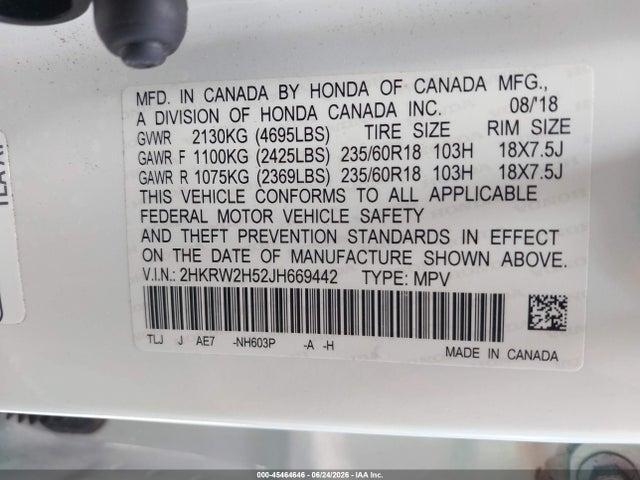 2018 Honda Cr-v Ex მანქანა იყიდება აუქციონზე, vin: 2HKRW2H52JH669442, აუქციონის ნომერი: 45464646