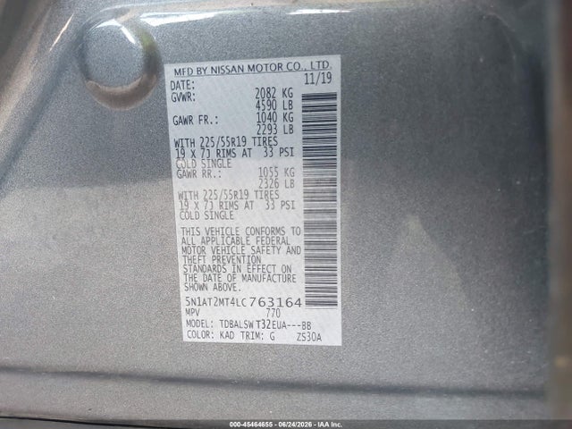 45464655 :رقم المزاد ، 5N1AT2MT4LC763164 vin ، 2020 Nissan Rogue Sl Fwd مزاد بيع