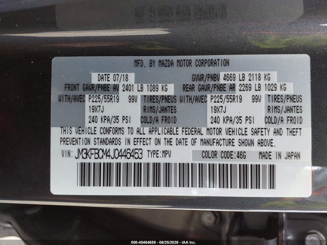 Aukcja sprzedaży 2018 Mazda Cx-5 Touring, vin: JM3KFBCM4J0446453, numer aukcji: 45464659