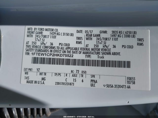 1FTEW1CP2HKD75522 Ford F-150 Lariat/xl/xlt