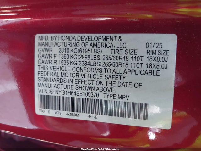 2025 Honda Pilot Trailsport მანქანა იყიდება აუქციონზე, vin: 5FNYG1H64SB109370, აუქციონის ნომერი: 45464698