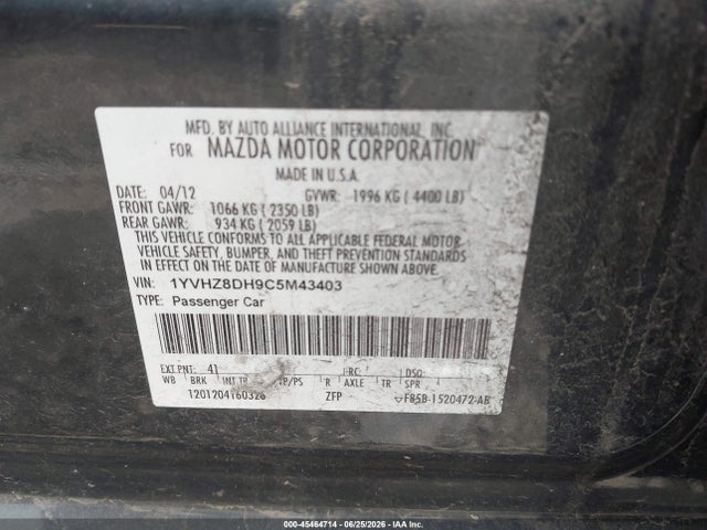 45464714 :رقم المزاد ، 1YVHZ8DH9C5M43403 vin ، 2012 Mazda Mazda6 I Touring مزاد بيع