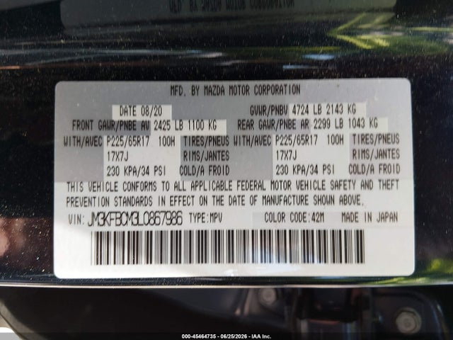 45464735 :رقم المزاد ، JM3KFBCM3L0867986 vin ، 2020 Mazda Cx-5 Touring مزاد بيع