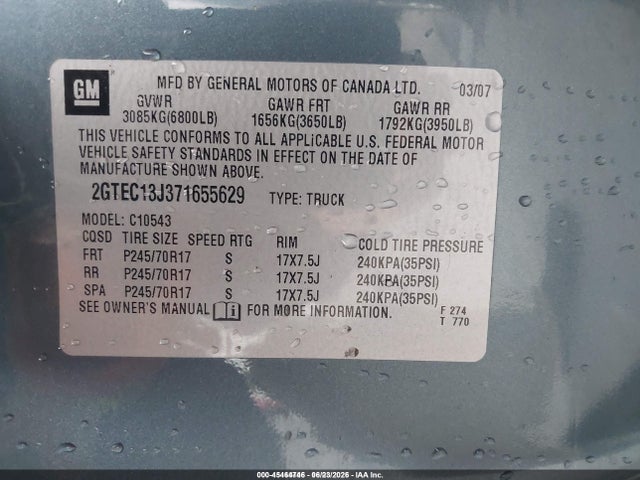 Продаж на аукціоні авто 2007 Gmc Sierra 1500 Sle2, vin: 2GTEC13J371655629, номер лоту: 45464746