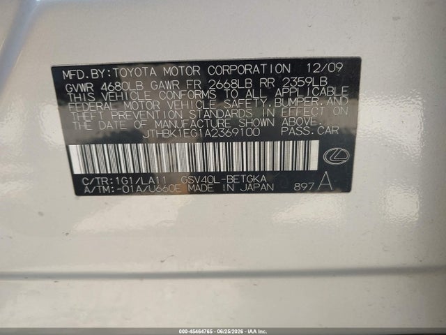 Продаж на аукціоні авто 2010 Lexus Es 350, vin: JTHBK1EG1A2369100, номер лоту: 45464765
