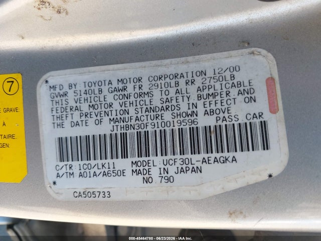 Aukcja sprzedaży 2001 Lexus Ls 430, vin: JTHBN30F910019596, numer aukcji: 45464780