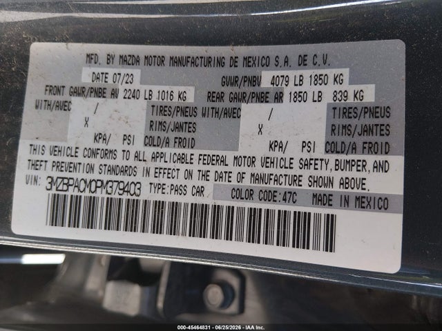 45464831 :رقم المزاد ، 3MZBPACM0PM379403 vin ، 2023 Mazda Mazda3 2.5 S Carbon Edition مزاد بيع