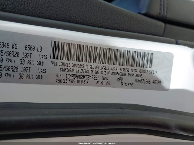 45464903 :رقم المزاد ، 1C4RDHAG9KC847591 vin ، 2019 Dodge Durango Sxt Plus Rwd مزاد بيع