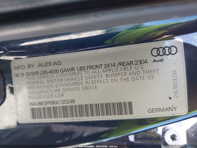 45464907 :رقم المزاد ، WAUBEGFF8KA120248 vin ، 2019 Audi A3 45 Premium مزاد بيع