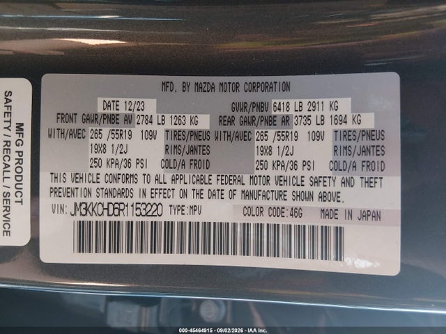 Aukcja sprzedaży 2024 Mazda Cx-90 3.3 Turbo Preferred Plus, vin: JM3KKCHD6R1153220, numer aukcji: 45464915