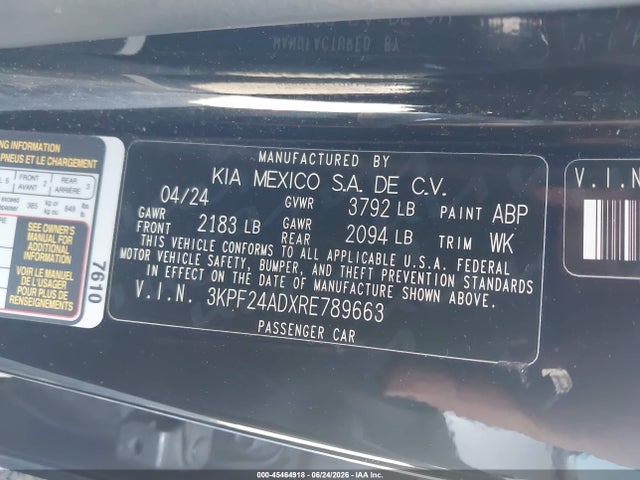 Продаж на аукціоні авто 2024 Kia Forte Lxs, vin: 3KPF24ADXRE789663, номер лоту: 45464918