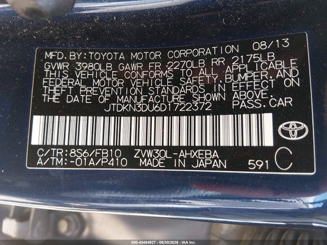 Aukcja sprzedaży 2013 Toyota Prius Two, vin: JTDKN3DU6D1722372, numer aukcji: 45464927