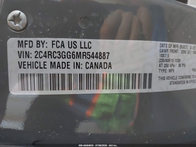 45464930 :رقم المزاد ، 2C4RC3GG6MR544887 vin ، 2021 Chrysler Pacifica Limited Awd مزاد بيع