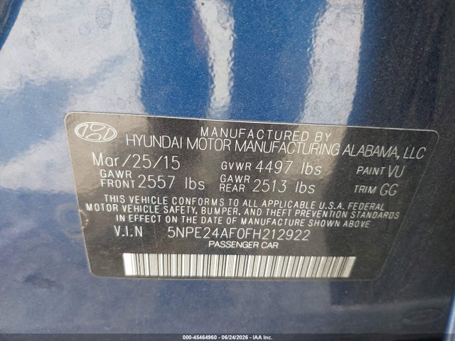 Продаж на аукціоні авто 2015 Hyundai Sonata Se, vin: 5NPE24AF0FH212922, номер лоту: 45464960