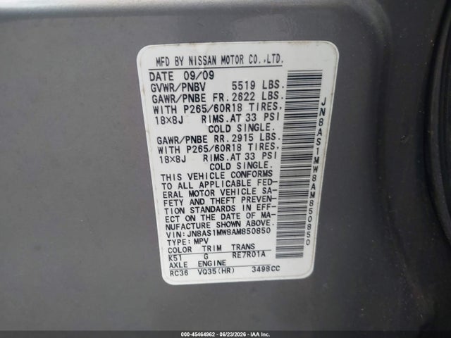 45464962 :رقم المزاد ، JN8AS1MW8AM850850 vin ، 2010 Infiniti Fx35 مزاد بيع