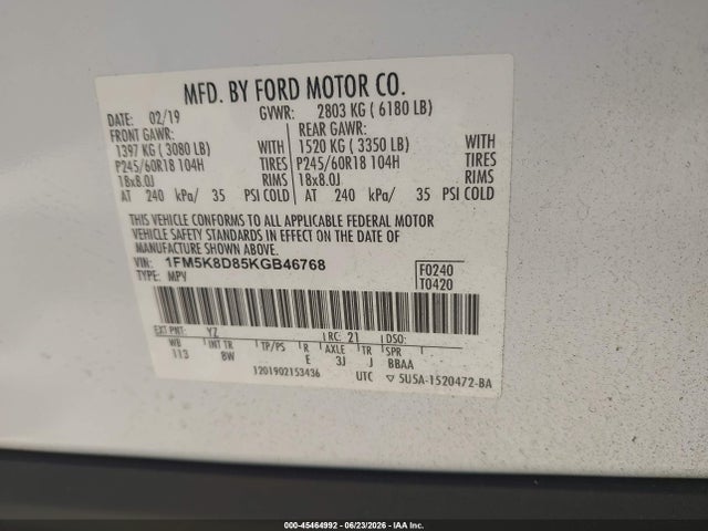 Ford EXPLORER XLT 2019 1FM5K8D85KGB46768 Image 9