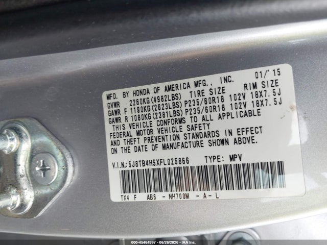 Auction sale of the 2015 Acura Rdx, vin: 5J8TB4H5XFL025866, lot number: 45464997