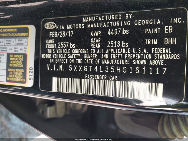 Продажа на аукционе авто 2017 Kia Optima Lx, vin: 5XXGT4L35HG161117, номер лота: 45465017