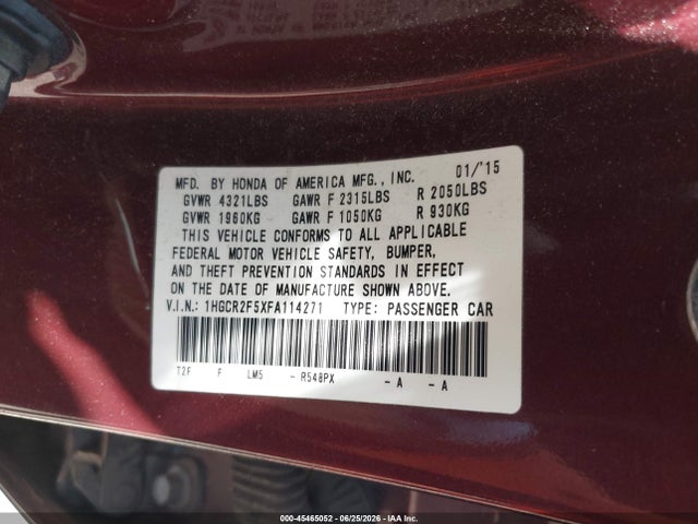 Auction sale of the 2015 Honda Accord Sport, vin: 1HGCR2F5XFA114271, lot number: 45465052