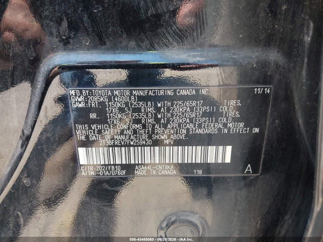 45465060 :رقم المزاد ، 2T3BFREV7FW259430 vin ، 2015 Toyota Rav4 Le مزاد بيع