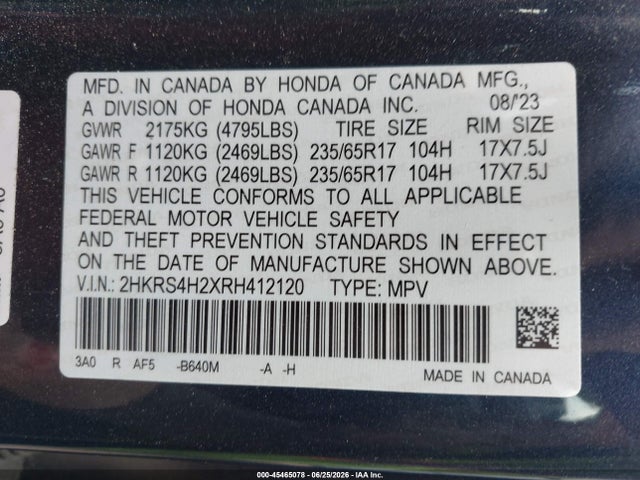 45465078 :رقم المزاد ، 2HKRS4H2XRH412120 vin ، 2024 Honda Cr-v Lx Awd مزاد بيع