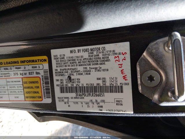 Продаж на аукціоні авто 2020 Ford Fusion Hybrid Se, vin: 3FA6P0LU9LR266051, номер лоту: 45465090