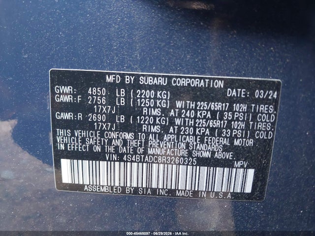 Aukcja sprzedaży 2024 Subaru Outback Premium, vin: 4S4BTADC8R3260325, numer aukcji: 45465097