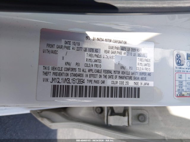 Aukcja sprzedaży 2020 Mazda Mazda6 Touring, vin: JM1GL1VM3L1513894, numer aukcji: 45465103