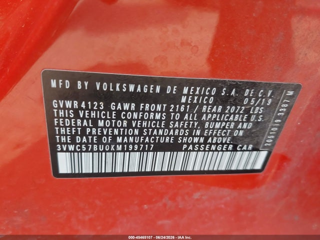 45465107 :رقم المزاد ، 3VWC57BU0KM199717 vin ، 2019 Volkswagen Jetta 1.4t R-line/1.4t S/1.4t Se مزاد بيع