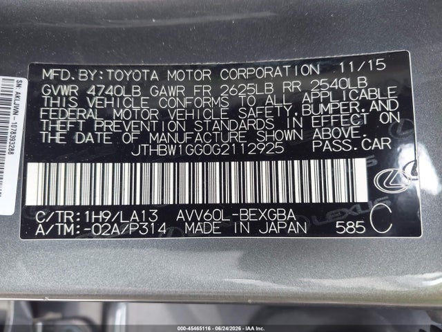 Продажа на аукционе авто 2016 Lexus Es 300h, vin: JTHBW1GG0G2112925, номер лота: 45465116
