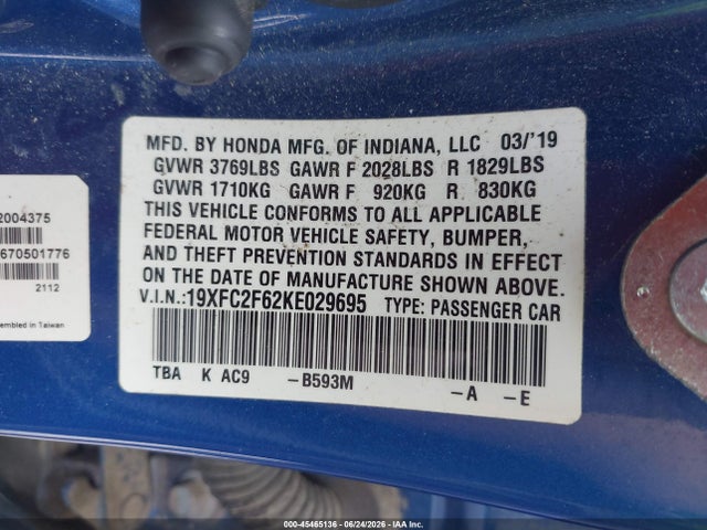 Honda Civic Lx 2019 19XFC2F62KE029695 Image 9