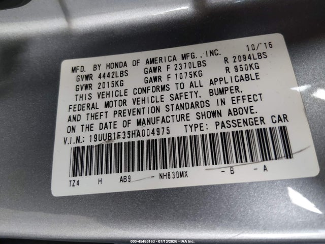 45465163 :رقم المزاد ، 19UUB1F35HA004975 vin ، 2017 Acura Tlx مزاد بيع