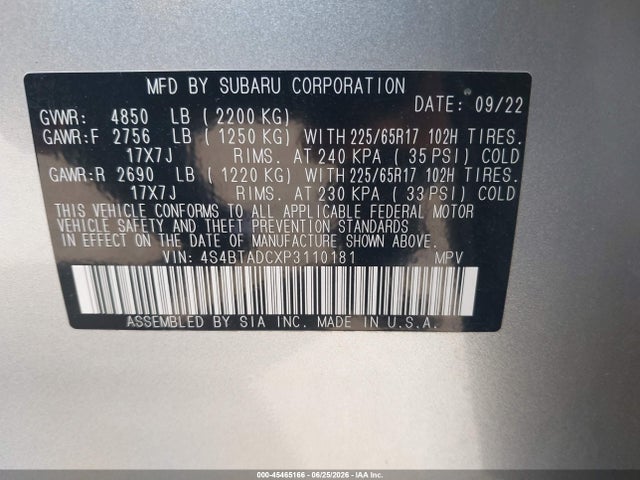 Aukcja sprzedaży 2023 Subaru Outback Premium, vin: 4S4BTADCXP3110181, numer aukcji: 45465166
