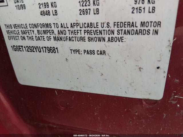2000 Cadillac Eldorado Etc მანქანა იყიდება აუქციონზე, vin: 1G6ET1292YU179681, აუქციონის ნომერი: 45465172