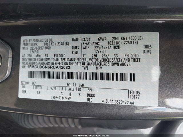 45465197 :رقم المزاد ، 1FMCU9GN6RUA42083 vin ، 2024 Ford Escape Active مزاد بيع