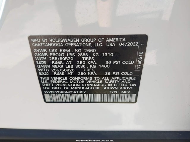 2022 Volkswagen Atlas 2.0t Sel მანქანა იყიდება აუქციონზე, vin: 1V2BP2CA6NC541952, აუქციონის ნომერი: 45465230