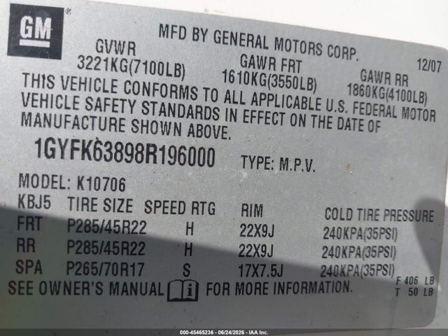 Продаж на аукціоні авто 2008 Cadillac Escalade, vin: 1GYFK63898R196000, номер лоту: 45465236